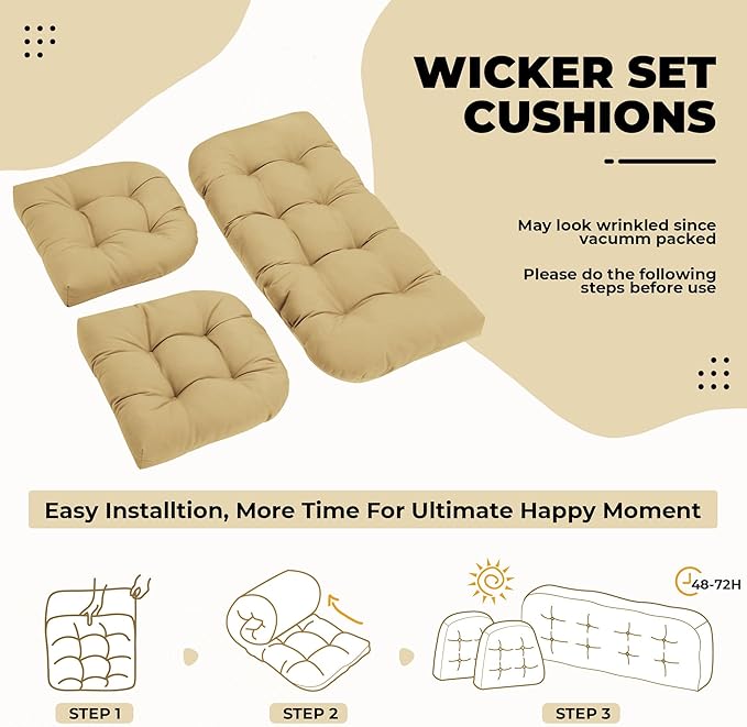 Wicker Chair Cushions, Waterproof Outdoor Loveseat Cushions for Patio Furniture, Tufted Wicker Furniture Cushions, 1 Loveseat and 2 U-Shaped Cushions, Khaki