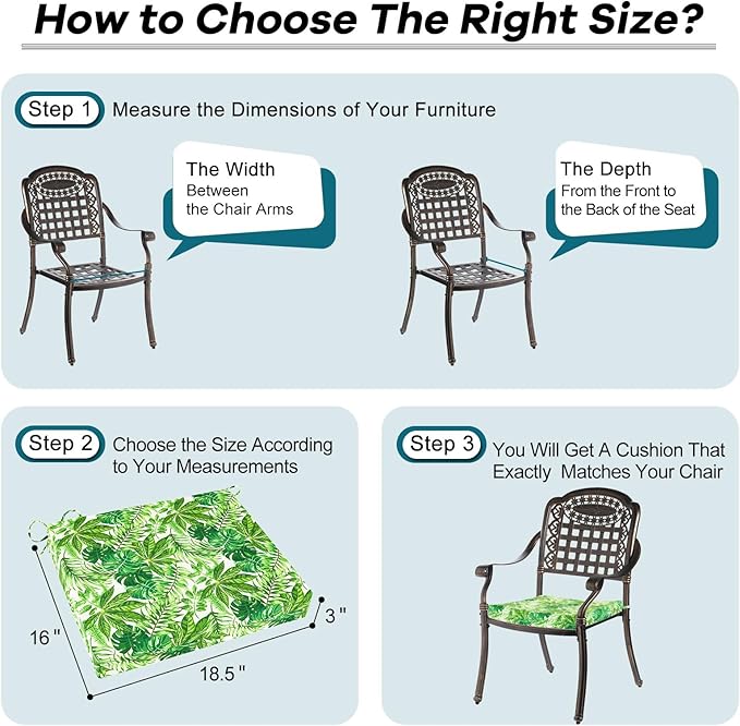 Basic Beyond Outdoor Chair Cushions Set of 4, Square Corner Outdoor Cushions for Patio Furniture, Water Resistant Patio Chair Cushions with 2 Ties, 18.5x16x3, Green Leaves