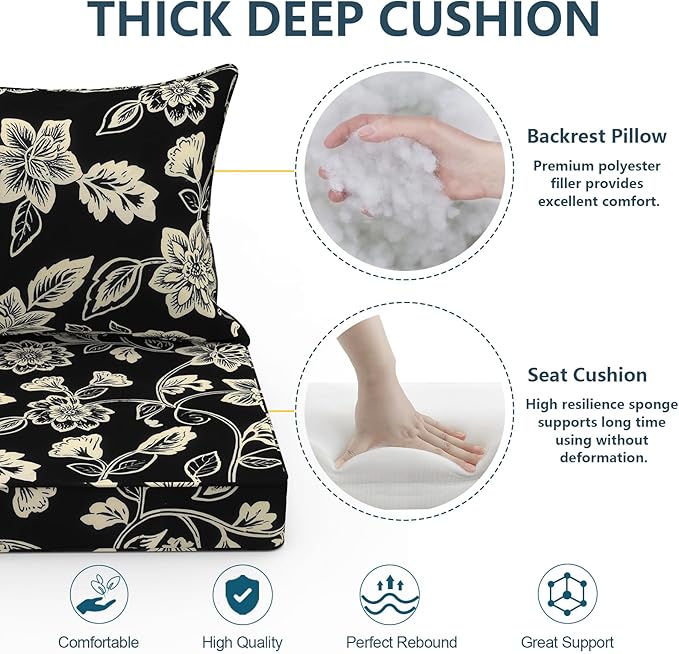 Outdoor Deep Seat Cushion Set, Water Repellent 24"x24" Patio Thick Cushions Replacement with Seat & Back Pillow for Patio Sofa, Wicker Chair, Couch - Vines Black