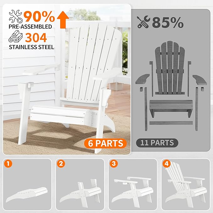 Psilvam Adirondack Chair, Oversized Poly Lumber Fire Pit Chair with Cup Holder, 350Lbs Support Patio Chairs for Garden, Weather Resistant Outdoors Seating, Relaxing Gift for Father & Mother (White)