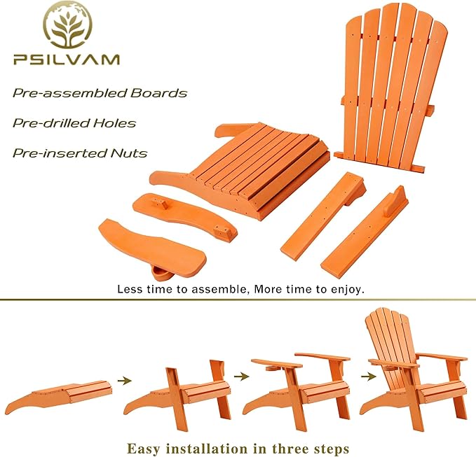 Psilvam Adirondack Chair, Oversized Poly Lumber Fire Pit Chair with Cup Holder, 350Lbs Support Patio Chairs for Garden, Weather Resistant Adirondack Chair Looks Like Real Wood (2, Orange)