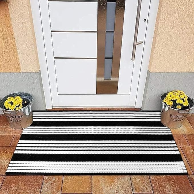 OJIA Front Door Mat 24"x35" Black and White Outdoor Rugs Front Door Rug Washable Entryway Rug Cotton Hand Woven Indoor Outdoor Doormat Small Area Rugs Layered Doormat for Porch/Home Entrance Decor