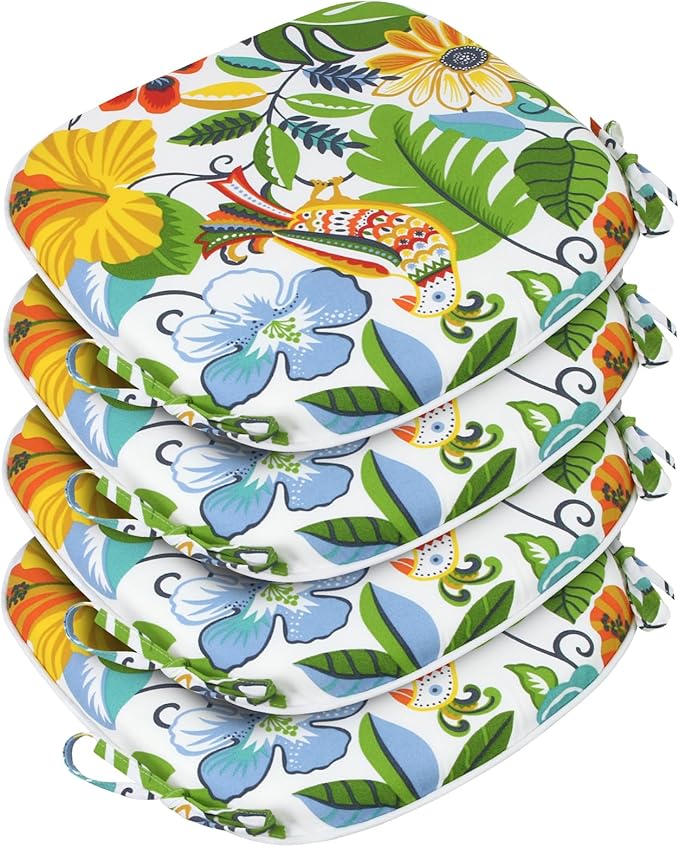 SleepMan Outdoor 17"x16" Chair Cushions with Ties Set of 4, Water Resistant All Weather U-Shape Seat Pads for Patio Garden Furniture Indoor Fade Resistant Patio Cushions (Flower World)