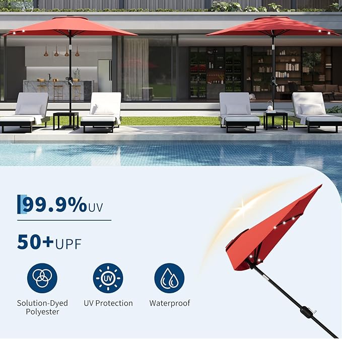 Garvee Patio Umbrella 9FT - Half Umbrella Outdoor with Solar LED Lights and Smooth Crank Lift, Outdoor Shade Canopy for Patio, Backyard, Garden, Deck, Balcony -Red