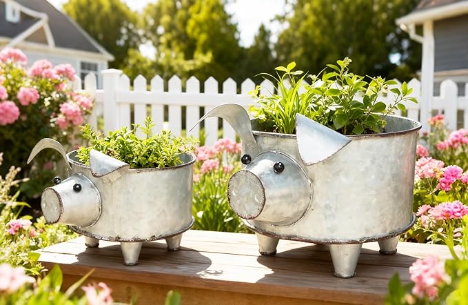 Galvanized Metal Pig Succulent Planter Farmhouse Pig Shaped Bowl Metal Pig Tray Rustic Decor Set of 2