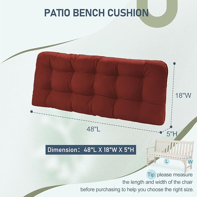 downluxe Outdoor Bench Cushion for Patio Furniture, Water Resistant Tufted Overstuffed Porch Swing Cushions, Thick Outdoor Loveseat Cushions, 48" X 18" X 5", Brick Red, Set of 1