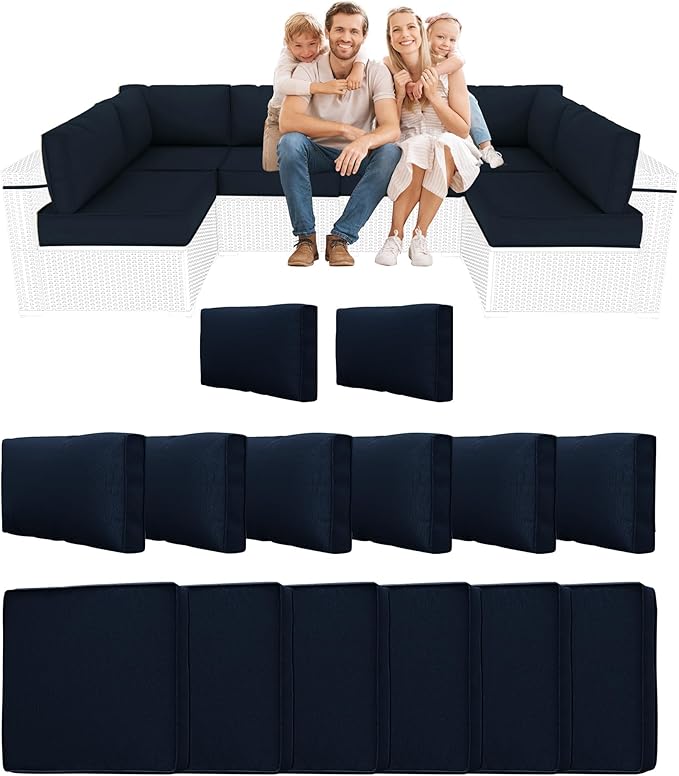 14 Piece Outdoor Sectional Cushions, Water-Resistant Outdoor Sofa Cushions Replacement, 4" High Density Foam Patio Furniture Cushions Fits 6-seat Rattan Conversation Set (Navy Blue)