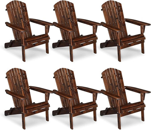VINGLI Folding Adirondack Chair Set of 6, Wood Adirondack Chairs for Outdoor, Foldable Fire Pit Chairs for Patio, BBQ, Porch, Yard, Pool, Carbonized