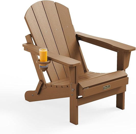 SERWALL Folding Adirondack Chair, All Weather Adirondack Chairs with Cup Holder for Patio Garden Outdoors Fire Pit Chair - Brown