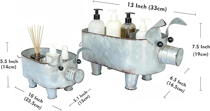 Galvanized Metal Pig Bowl Farmhouse Pig Storage Holder for Bathroom Kitchen Living Room Set of 2,Big and Small