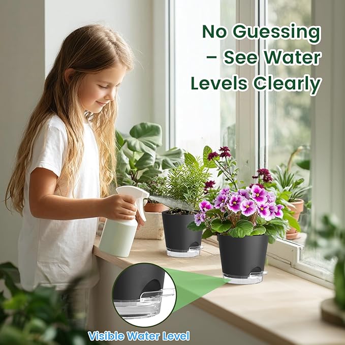 7 inch Self Watering Pots for Indoor Plants, 5 Pack Plant Pots with Drainage Holes & Clear Reservoir for Visible Water Level, Plastic Wicking Planter Pots for House Plants and Flower, Black