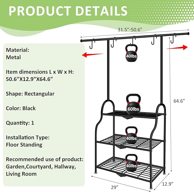 3 Tier Metal Plant Stand Indoor Outdoor, Heavy Duty Metal Hanging Plant Shelf for Multiple Flower Planter Holder, Tall Plant Holder with Plant Hanger for Garden, Living Room, Balcon