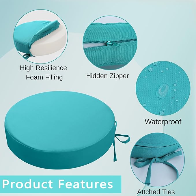 idee-home Outdoor Bistro Chair Cushions, 15”x15”x 3” Thick Outdoor Round Seat Cushions Set of 2 with Ties, Waterproof Round Patio Furniture for Garden