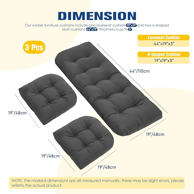 Patio Furniture Cushions Outdoor, Waterproof Wicker Chair Cushions Set of 3, 1 Loveseat & 2 Seat Pads, Thick Outdoor Replacement Cushions for Porch Lawn Bench Couch Sofa Swing, Dark Grey