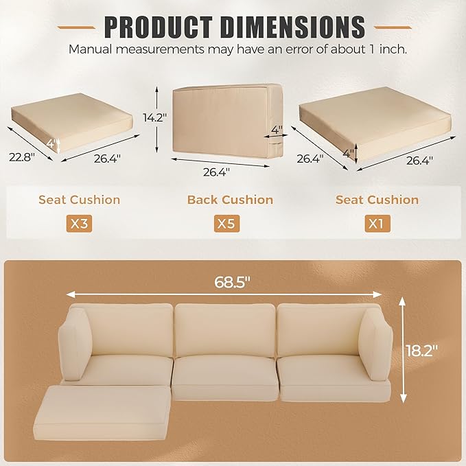 Oakcloud Oakmont Outdoor Replacement Cushions for Patio Furniture,Water-Resistant Cushion for Patio Conversation Set,9-Piece Cushions for 4-seat Outdoor Sectional Sofa(Light Brown)
