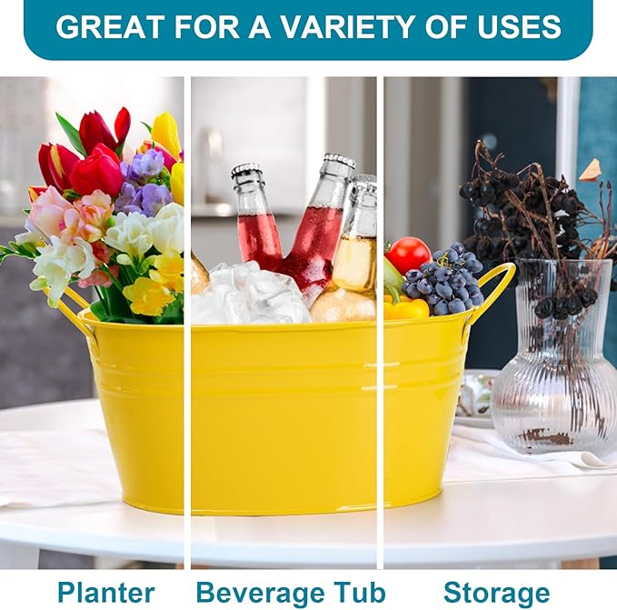 Foraineam Metal Flower Planter Pots Oval Plant Pot Holders with Handles, Floral Arrangement Bucket Tubs, Garden Succulent Cactus Container for Indoor Outdoor Wedding Party Events Decor, 6 Colors