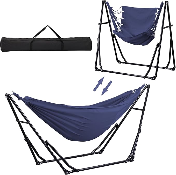 Ainfox Hammock with Foldable Stand, 2 in 1 Hammock and Swinging Chair with Carrying Bag, Portable Camping Chair Suitable for Outside, Swing,Patio,Garden,Camping Trip Blue