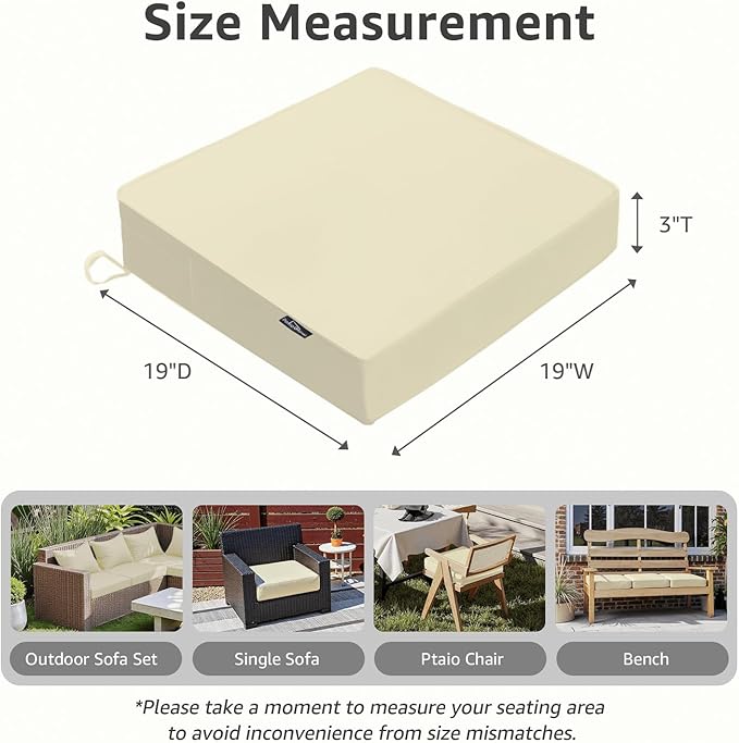 Outdoor Chair Cushions 19 x 19 x 3 Inch, Waterproof & Fade Resistant Patio Seat Cushion for Furniture with Handle and Ties, Thick Seating Pads for Outside Sofa Couch Set of 2, Beige