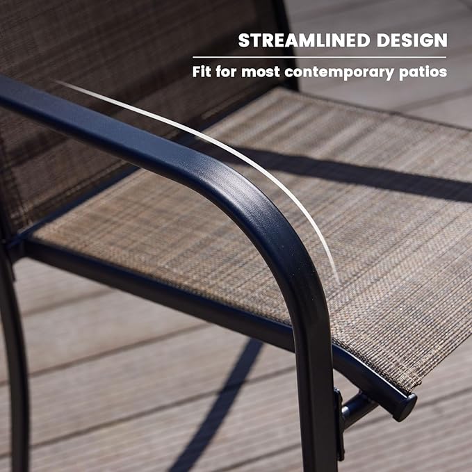 VICLLAX Patio Stackable Dining Chairs Set for 2, Outdoor Sling Chairs with Metal Frame for Front Porch Balcony Backyard Garden and Deck, Brown