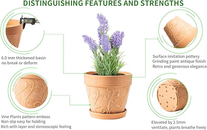 Melphoe Plant Pots Indoor with Drainage & Saucer, 2Pack 7 inch Flower Pots Outdoor Planters for Indoor Plants Garden Home Decor Cactus Succulent, Rigid Plastic (Imitation-Terracotta) Vine-Embossed