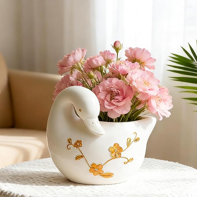 Teaeeno Decorative Garden Swan Planters Succulent Pots Indoor Unique Flower Plant Pots Cement Swan Decor Home Garden Balcony Decor (Whiter)