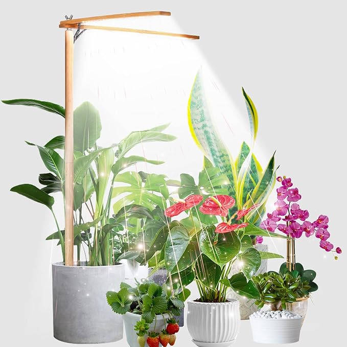 Wooden Grow Lights for Indoor Plants Full Spectrum, Slim Indoor Plant Growing Light with 6000K White Red LEDs 2-Head (Without Timer/Dimming)