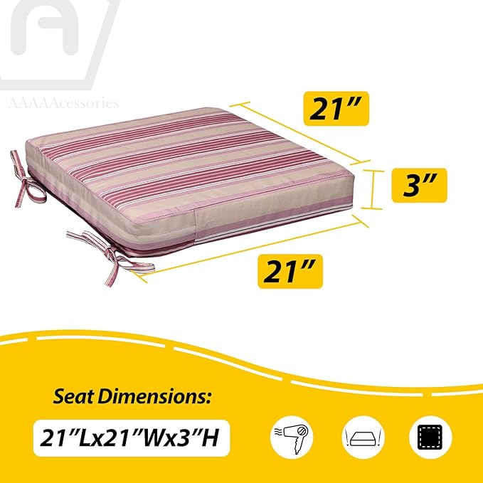 AAAAAcessories Outdoor Seat Cushions for Chairs, Waterproof, Fade-Resistant, 21" x 21" x 3", Patio Furniture Replacement Cushions, Set of 2, Dusty Rose Garden Stripe