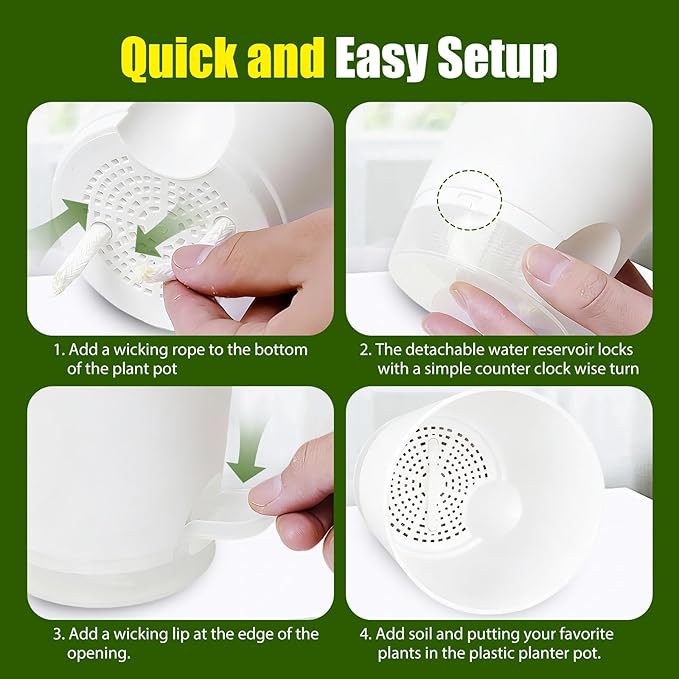 Plant Pots 8 Inch Self Watering Pots, 2 Pack Plastic Planters with Drainage Holes and Clear Saucers,Plastic Flower Pots for Indoor Out Door Plants(White)