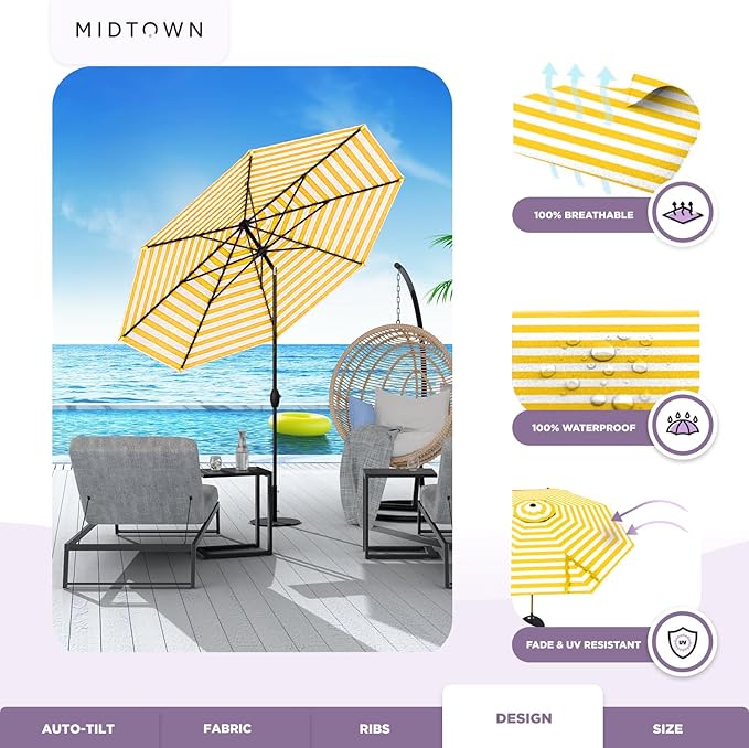 Midtown Umbrellas 10-Year-No-Fade - 8 Ft - UV Proof White/Yellow Stripes Fabric - Umbrella Outdoor Patio, Auto-Tilt Aluminum Frame Patio Umbrella for Garden, Pool & Deck - Black Pole