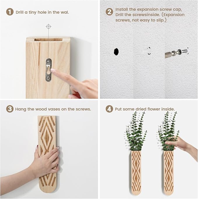 Wooden Wall Planter Set of 4 - Modern Bohemian Home Decor for Living Room, Bedroom, Bathroom - Beige Finish Planter for Dried Flowers, Faux Greenery, Indoor Plants