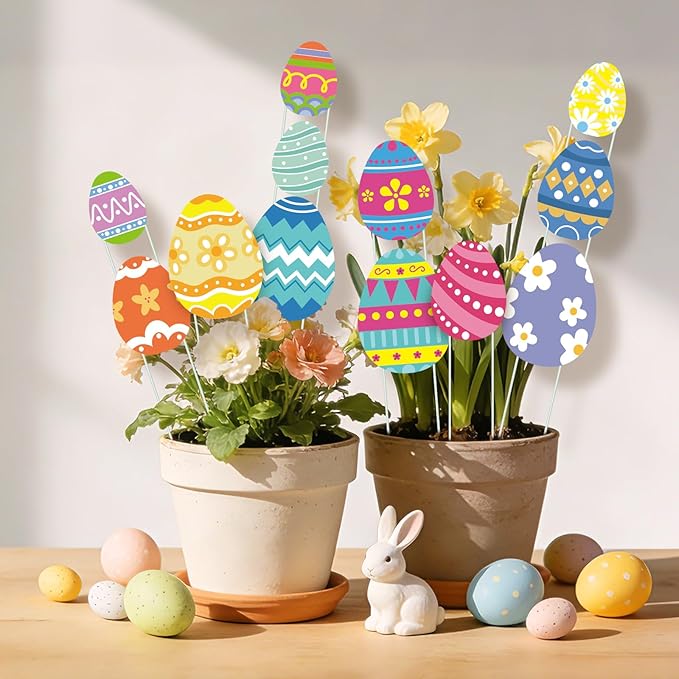 12 Pcs Easter Planter Stakes Egg Shaped Garden Signs Outdoor Decorations Decorative Cute Colorful Egg Yard Stakes for Easter Party Home Outside Potted Planter Lawn Patio Porch Supplies