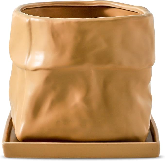 Nihow Ceramic Plant Pot: 8 Inch Planter with Drainage Hole & Square Saucer for Herbs/Plants, Bag Shape Design Flower Pot for Indoor & Outdoor Garden Decor - Terracota