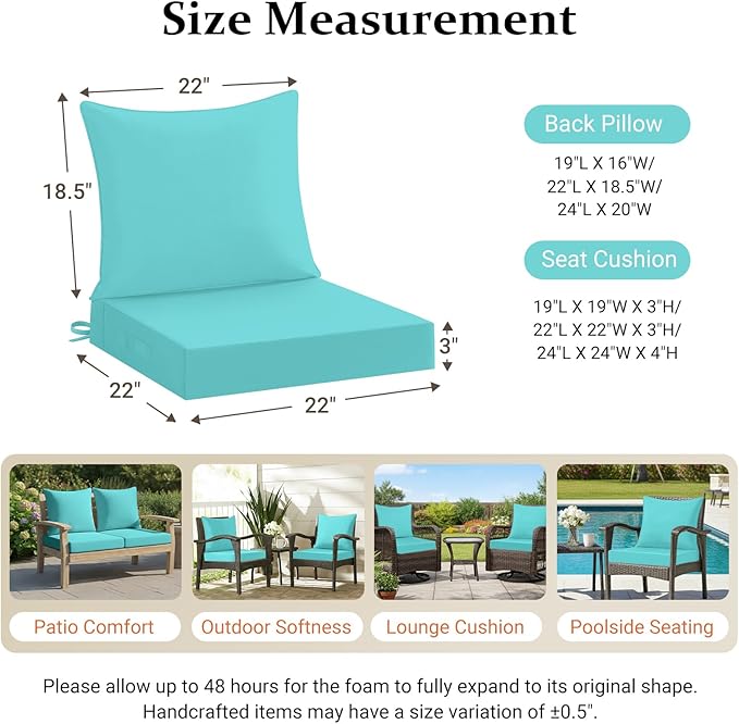 downluxe 22x22 Outdoor Chair Cushions, Waterproof Fade Resistant Patio Furniture Cushions with Handle & Removable Cover, Deep Seat Outdoor Cushions for Sofa, Couch and Patio Chairs, Teal