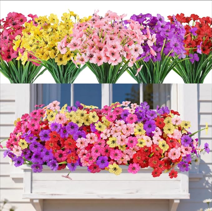 AmyHomie 20 Bundles Artificial Flowers for Outdoor Outside Spring Summer Decoration UV Resistant Faux Flowers No Fade Fake Plastic Plants Garden Porch Window Box Decorating(Mix Color)