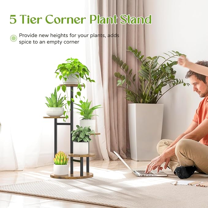 5 Tier Plant Stand Indoor, Metal Wood Flower Holder, Heavy Duty Tall Round Multiple Shelf, Sturdy Spiral Planter Orchid Display Rack for House Living Room Patio Corner Bathroom, Modern Black