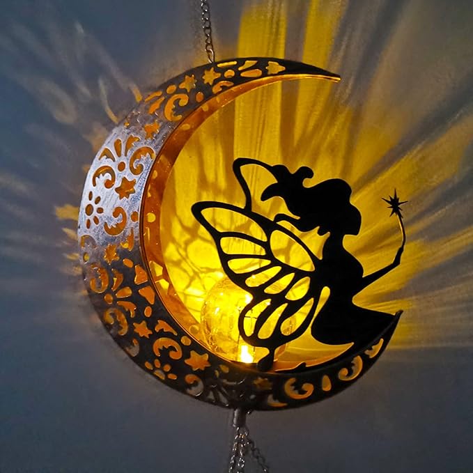 Solar Wind Chimes Moon Fairy Hanging Outdoor Decor Crackle Glass Ball Warm Memorial Wind Chimes Light Patio Lawn Yard Gardening Gift for mom for Grandma Gifts Christmas Decorations