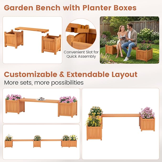 Giantex 2-in-1 Outdoor Bench with 2 Raised Garden Beds, Wood with Teak Oil Finish, Garden Bench Seat with Planter Boxes for Porch Balcony Lawn Yard, DIY Assembly, Orange