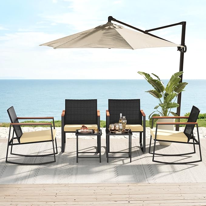 Bealife 3 Piece Patio Set with Cooling Wooden Armrests, Outdoor Rocking Chairs Set of 2 with Glass Table and Cushions, Wicker Patio Bistro Set for Garden, Yard, Balcony, Porch (Beige)