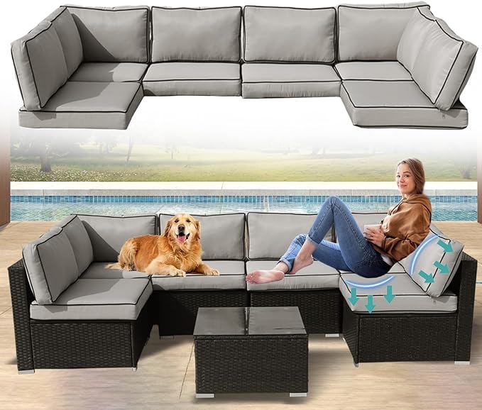 Patio Furniture Cushions,14Pieces Water-Resistant Outdoor Replacement Cushions,Sectional Sofa Cushions for Fits 6-Seats Rattan Wicker Patio Conversation Sets