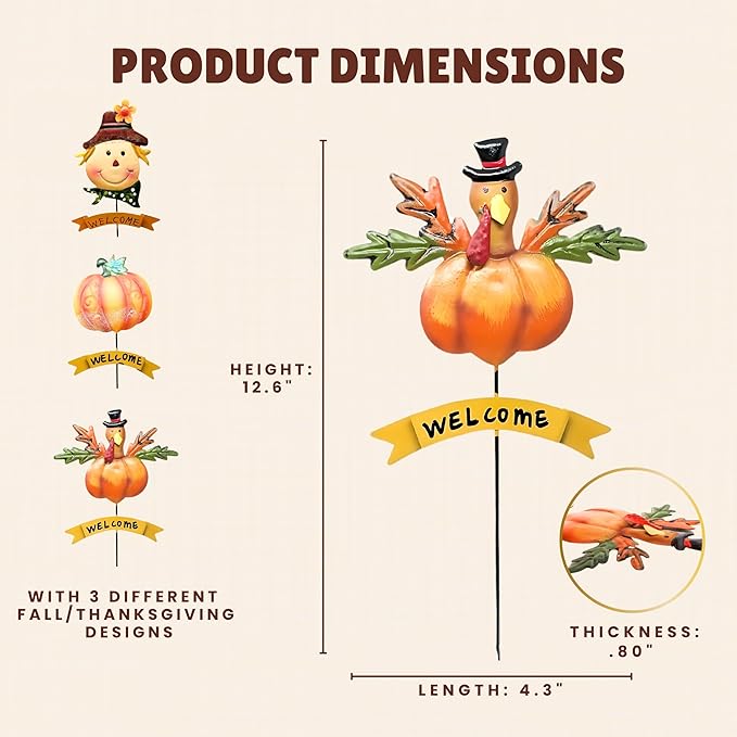 Fall Thanksgiving Halloween Garden Stakes, 3 Pcs Vintage Handmade Metal Yard Decors Featuring Pumpkin, Scarecrow & Turkey, Seasonal Outdoor Lawn & Indoor Décor, for Home & Garden Lovers