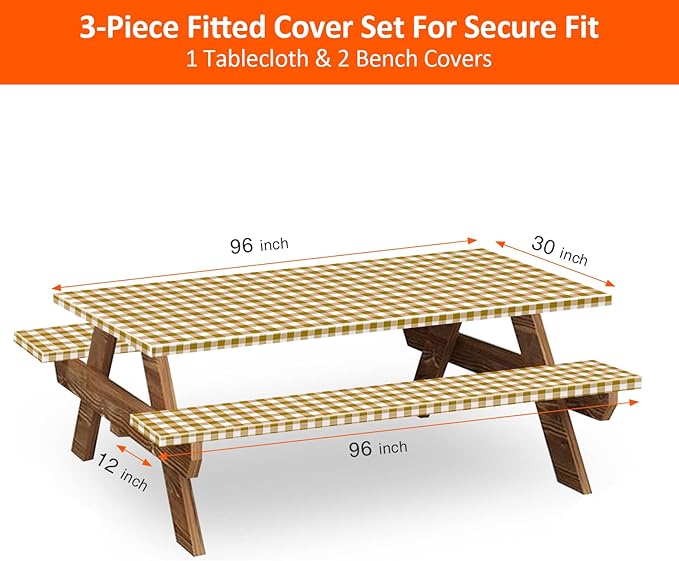 KENOBEE 8ft Picnic Table and Bench Cover, Camping Essentials RV Gear, 96 in Waterproof Windproof Outdoor Elastic All Around Tablecloth, Fitted Rectangle Tables and Seats, Coffee-White Checkered