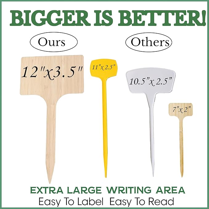 10-Pack 12" Extra-Tall Bamboo Garden Markers – Large Plant Labels for Herbs, Flowers & Vegetables – Easy-Read Full-Size Tags – Great Gift for Gardeners