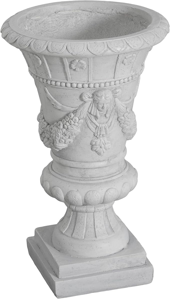 Christopher Knight Home Jorine Light Concrete Planter, Patio Planter, Mid-Centry Gadern Urn, Large Garden Pot, Floral Statue Design, Flower Urn with Drainage Hole for Backyard Home, Light Gray