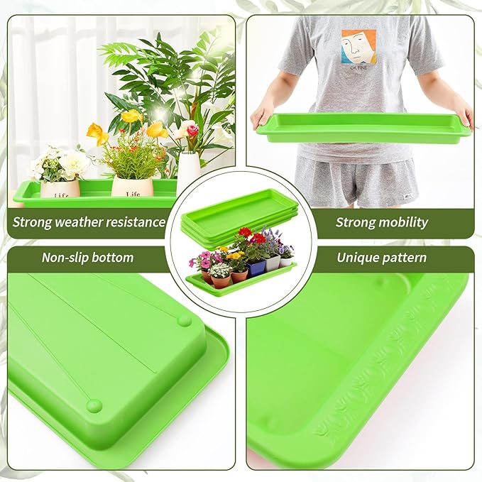 4 Pack Green 24 x 8 x 1.6 Inch Rectangle Plant Saucer Large Plastic Plant Tray Water Drip Trays for Windowsill Flower Pot Planter Drainage Germination Garden Indoor Outdoor Use
