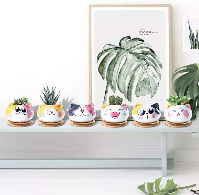 Succulent Pots with Drainage 3.6 Inch Mini Cat Pots for Plants Tiny Animal Planter Small Ceramic Air Plant Flower Pots Cactus Faux Planters Containers with Bamboo Tray