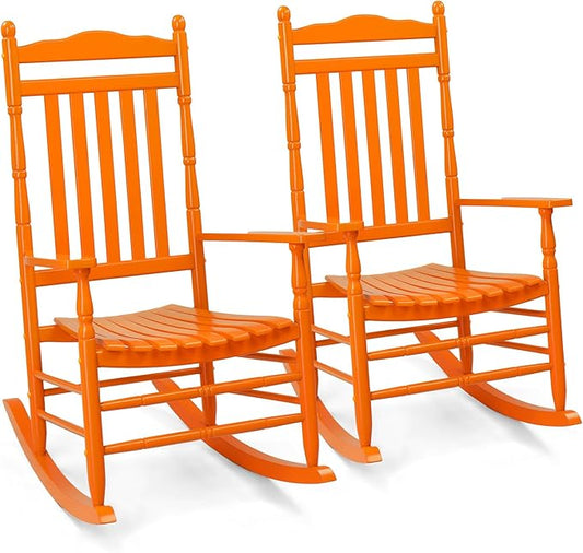 VINGLI Wooden Rocking Chair, Outdoor Chair with 450 lbs Support, Relaxing Rocker with Solid Wood High Back Seat Reclining Seat for Deck, Garden, Backyard, Porch, Indoor or Outdoor Use (Orange, 2PCS)