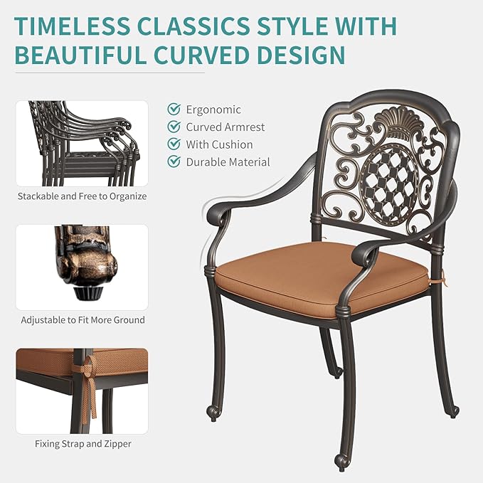 Garvee 2 Piece Patio Dining Chairs with Cushions, Outdoor All-Weather Cast Aluminum Chairs, Patio Bistro Dining Chair Set of 2 for Garden Deck Backyard, Dark Bronze