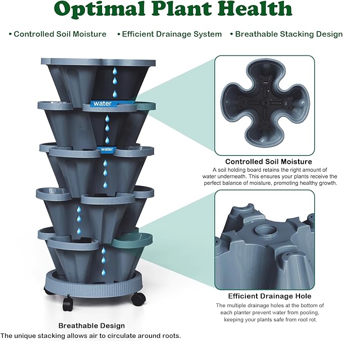 7 Tiered Strawberry Planters 2 Pack, Vertical Stackable Planter, Herb Stacking Tower Garden, Flower and Vegetable Planters with Support Pole Indoor & Outdoor with Removable Wheels Dark Grey