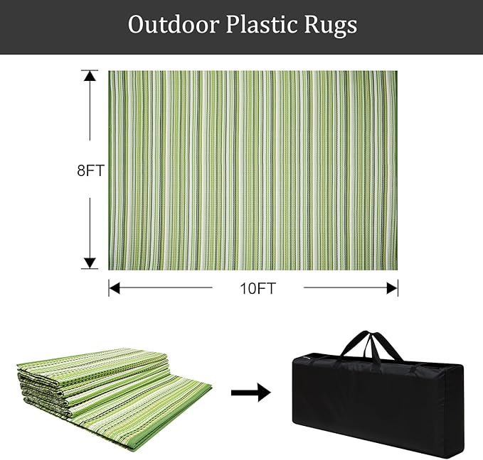 Reversible Outdoor/Indoor Plastic Rug Plastic Straw Rug Waterproof Portable Mat, Easy to Clean and Fold,Perfect for Garden, Patio, Picnic, Decking-（Green，8x10Ft）