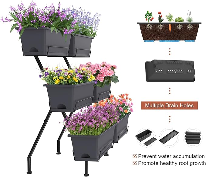 ETELI Vertical Raised Garden Bed 3 Tier Garden Planter Indoor Outdoor Herb Planter with 6 Removable Boxes Standing Garden Planter with Drainage Holes Elevated Raised Bed for Patio Balcony Porch, Grey